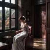 A Dark Wedding，A bride sits on a chair in front of the window.