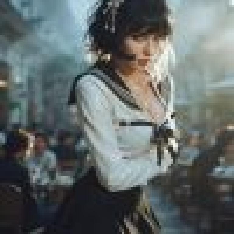 女孩們，一位身穿黑白洋裝的女子站在街上