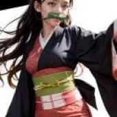 灶門祢豆子，《鬼滅之刃》，女孩身著東方服飾。