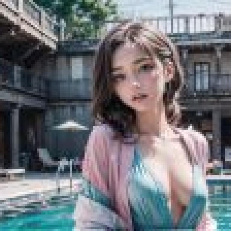 泳裝美女泳池陽光，藍裙優雅