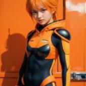 Mobile wallpaper， Ple Two (プルツー)， realistic， female superhero in orange and black suit，