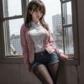 Fujino Mitsuki Zombie no Afureta Sekai de Ore dake ga OsowarenaiA woman with a pink cardigan leaning on a window sill.