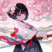 New Year cherry blossom trees，A girl with black hair wears a kimono and holds a red sword.