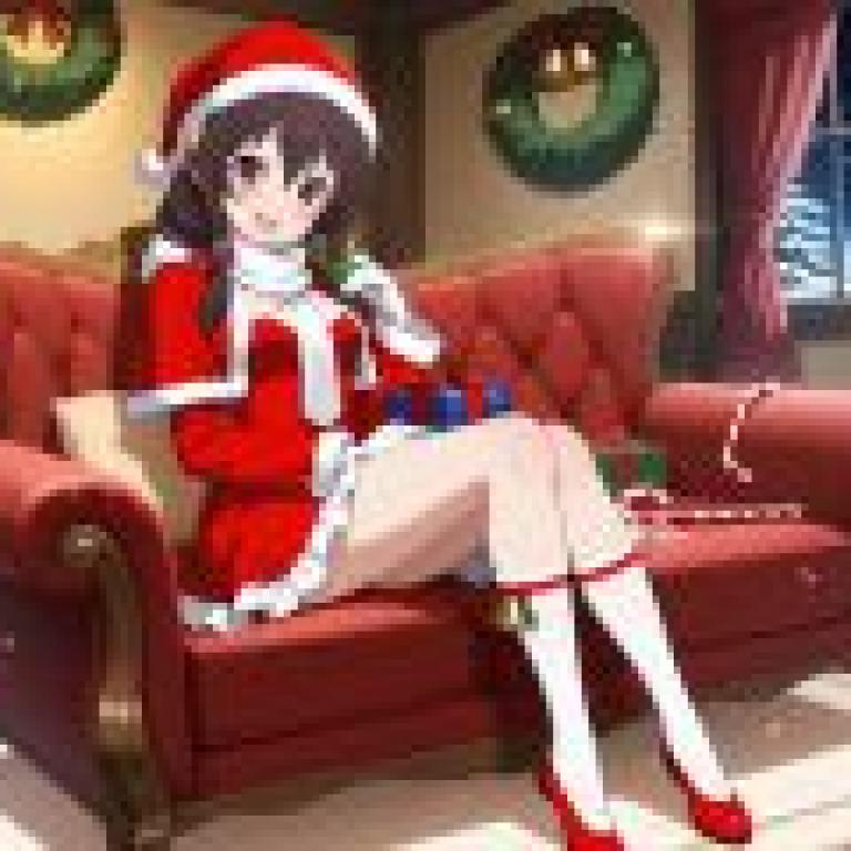 Christmas alone time，A young girl with a Santa hat sits on the arm 