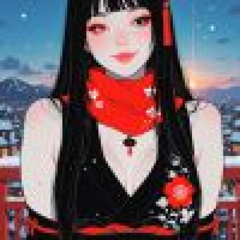 fantasy，A young woman with long black hair wearing red.