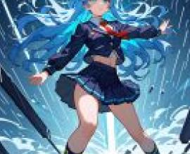 Ghost wolf，Blue hair girl with black dress standing in front of a blue light.