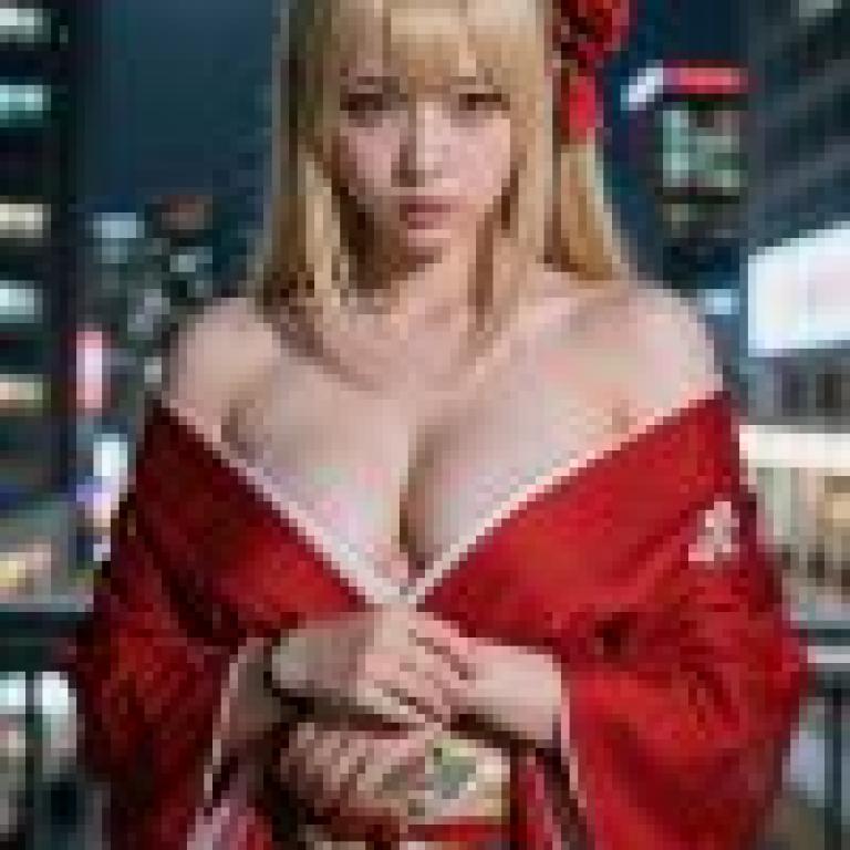女孩們，一位身穿和服、頭戴玫瑰的年輕女子在城市天際線前擺姿勢拍照。