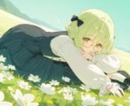 綠草地上的美麗夢境，一個戴眼鏡的女孩坐在草地上。