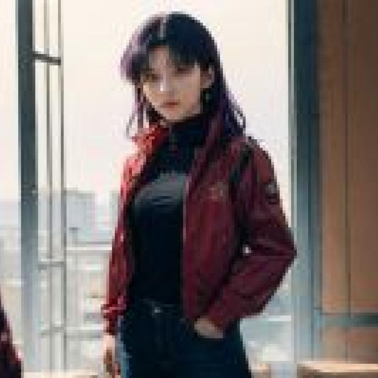 葛城美里，新世紀福音戰士，身穿紅色外套和黑色高領毛衣的女士站在門邊。