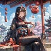 Ninja Girl，Anime character in black with red cape and belt.