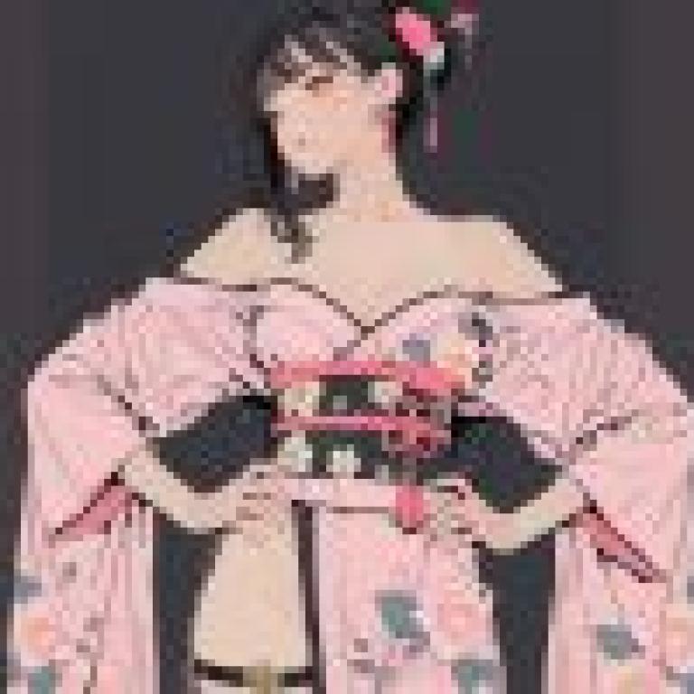 和服，一位穿著和服、頭髮上戴著紅色花朵的女子。