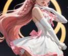 Cure Prism Soaring Sky Pretty Cure SecretMoon，一個粉紅色頭髮的女孩站在黃色圓圈前。