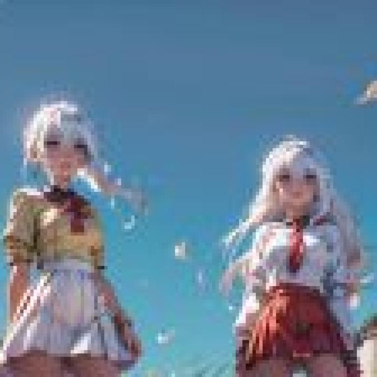 「動漫風免費桌布」：Artgerm畫風，全球照明下，兩少女漫遊鄉野，房屋簇擁，天空飛鳥。