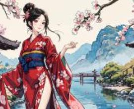 Ancient Kimono，身穿和服的女子站在水邊。