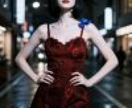 Red Temptation，Woman in red dress with bow on her hair.
