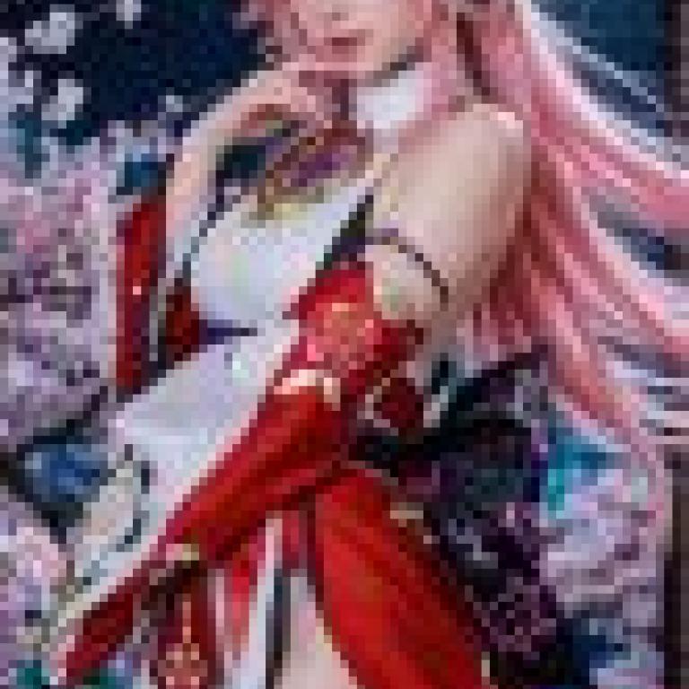 girls，A girl wearing a red and white kimono and a pink wig with gold horns.