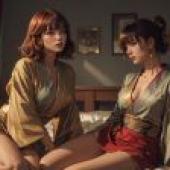 Real beauty， daily dreams on the bed -real beauty， two women on the bed， robe style， free download tablecloth， sakimi chan.
