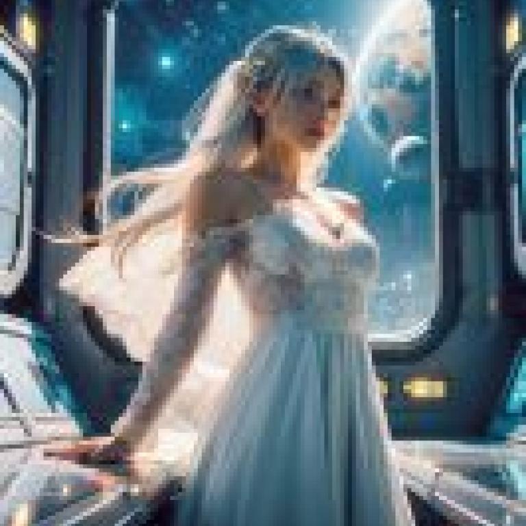 Mobile wallpaper， ghost in space， realistic， a bride in a white dress standing near the edge of space.