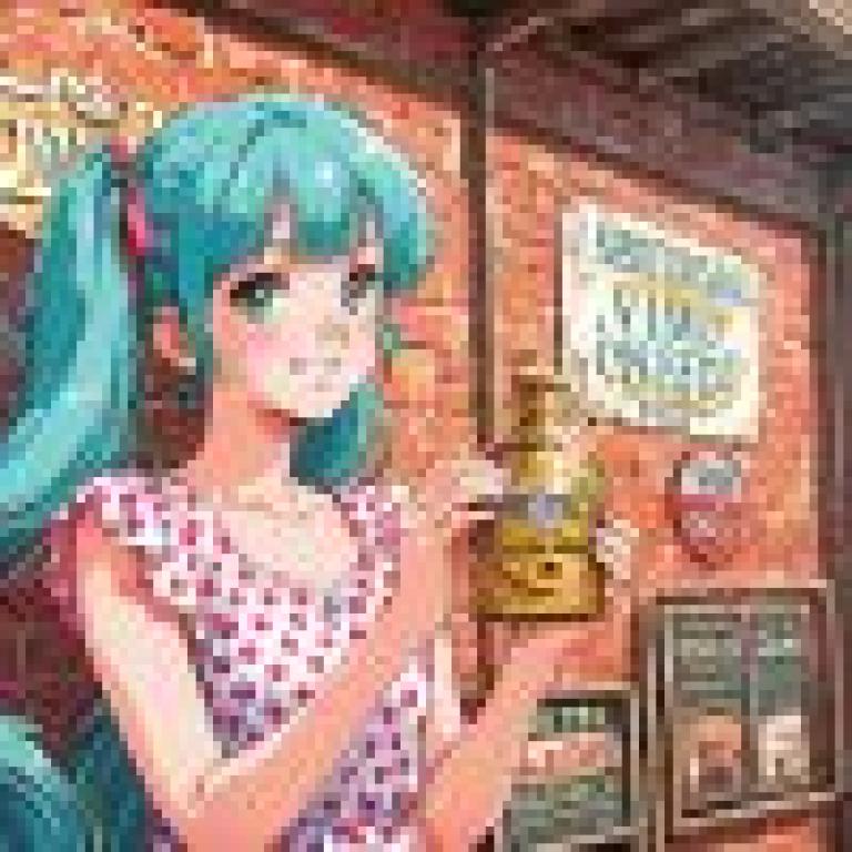 下午時分，一位藍髮女孩手拿瓶子站在磚造建築前。