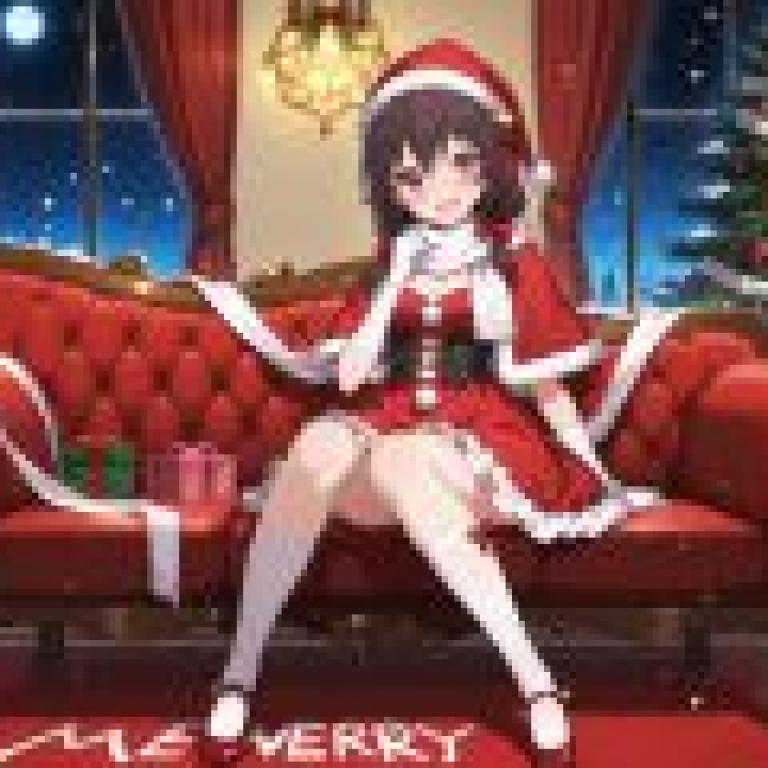 Christmas alone time，A girl in a red Santa outfit sitting on a sofa.