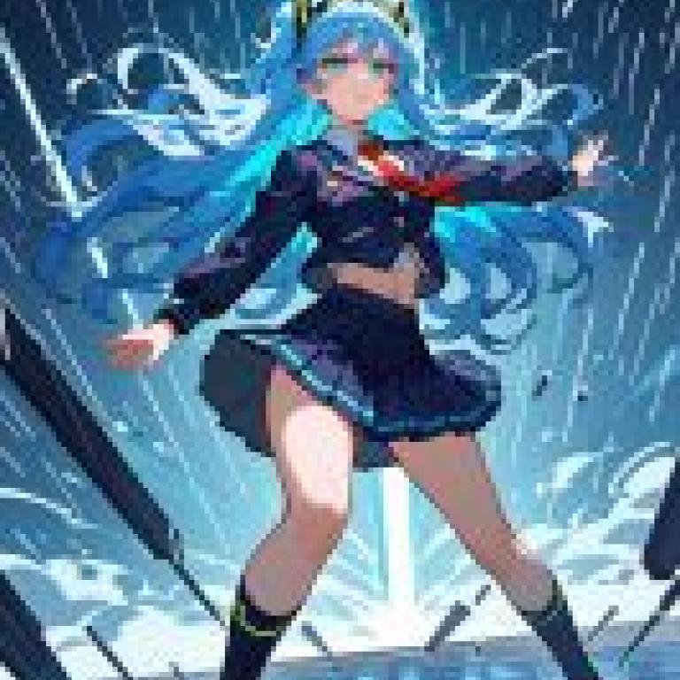 Ghost wolf，Blue hair girl with black dress standing in front of a blue light.