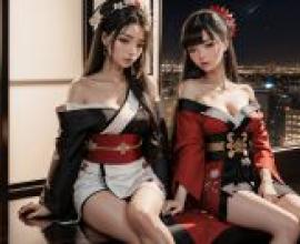 傳統和服夜曲：壁架上的和服佳人，夜色燈籠，桌布免費下載