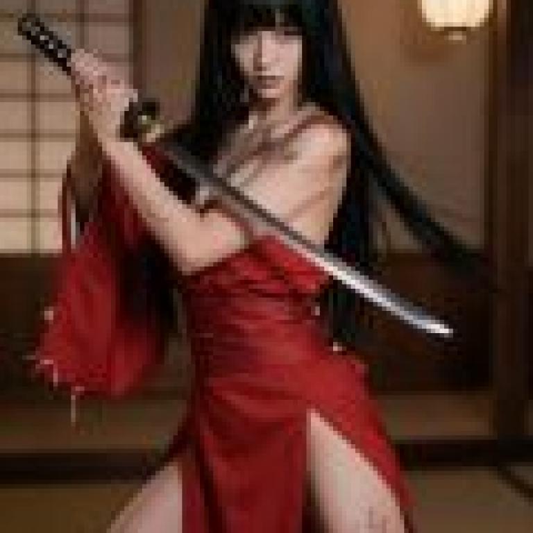 古代日本女刺客，一位長著黑色長髮的女子手持長劍。