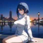 Memories of the past，A girl in front of the city skyline at sunset.