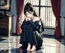 The beauty in the sad castle，Girl with long dark hair sitting on the floor looking at something.