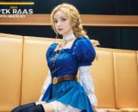 Killer Queen，Demon Lord，A blonde model with blonde hair sits on a chair in front of a bench.