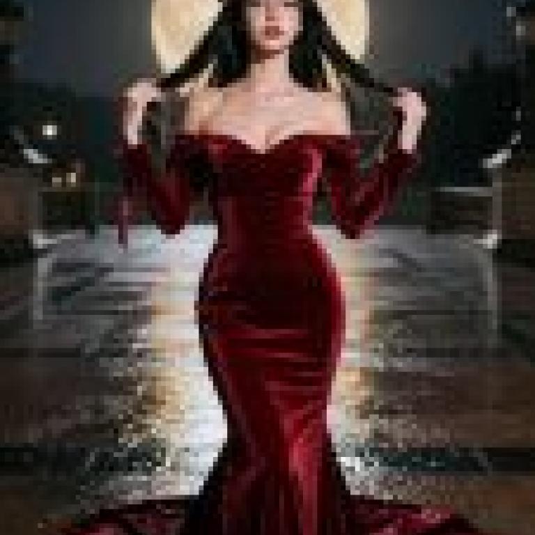 Magazine cover，A red dress with long sleeves and a flower in the hair.