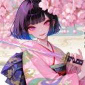 New Year cherry blossom trees，A pink haired woman with a sword.