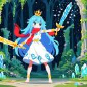 The Princess Great Adventure.jpg，A blue-haired woman in a white dress with a red scarf holds two swords.