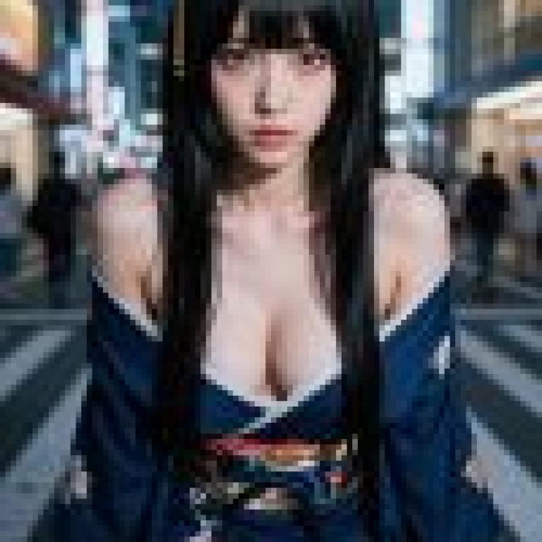 女孩們，模特兒身穿藍色和服展示。