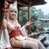 Fox Witch，A cat girl is sitting on the riverbank.