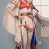 ZIT ATR，A girl in a white， red and blue outfit stands with a sword.