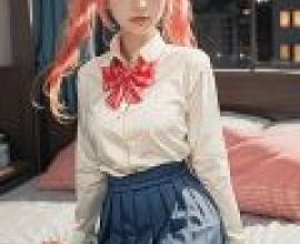 Tamamo JK Fate Extella，一位有著粉紅色頭髮的小女孩坐在床上。