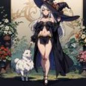 Magical Girl，A woman in costume is standing with a white dog and flowers.
