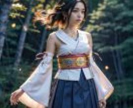 FF X，尤娜，一個穿著藍白連身裙在水面上的女孩。