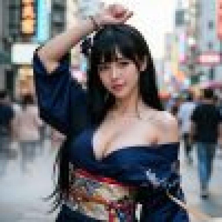美麗的攝影師，一位女孩站在繁忙的街道上，一手舉在空中，手腕上繫著頭巾。