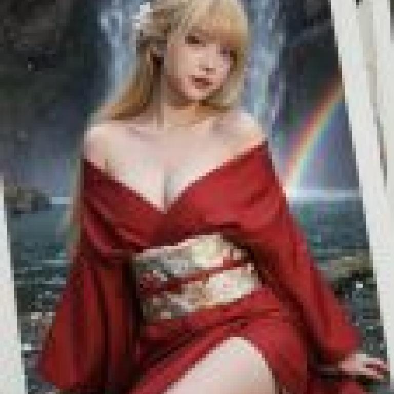 古代奇幻風格，一位金髮亞洲模特兒身穿紅色和服，坐在岩石上。