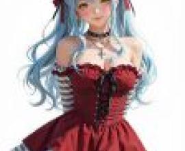 girls，A girl wearing blue hair and red dress.
