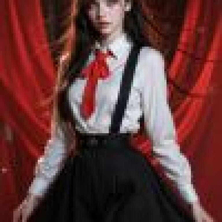 Uniform Story，A woman in a dress and suspenders with her hair flowing.