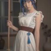 ZIT ATR，Girl holding broom， dress blue hair white apron.