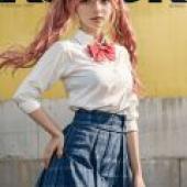 Tamamo JK Fate Extella，A girl with blue skirt standing in front of the wall.