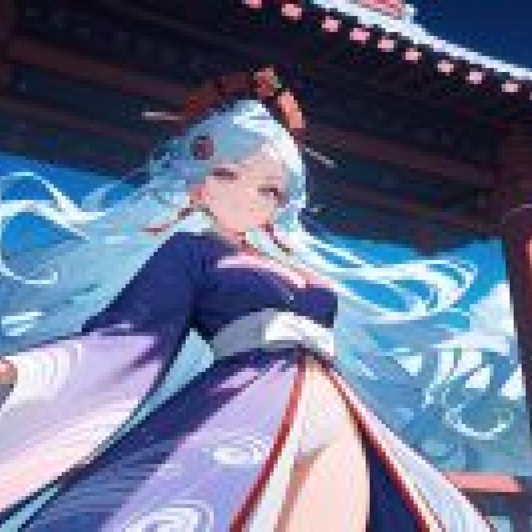 Shrine Maiden，Anime girl with blue dress on.