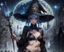 黑色巫女，身著服裝的女巫，身後有一彎新月。