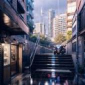 電腦桌布，城市角落，寫實，摩托車停在台階上。