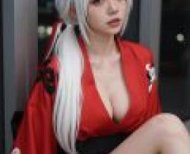 ZIT 01，A woman in red wearing white hair with flowers.