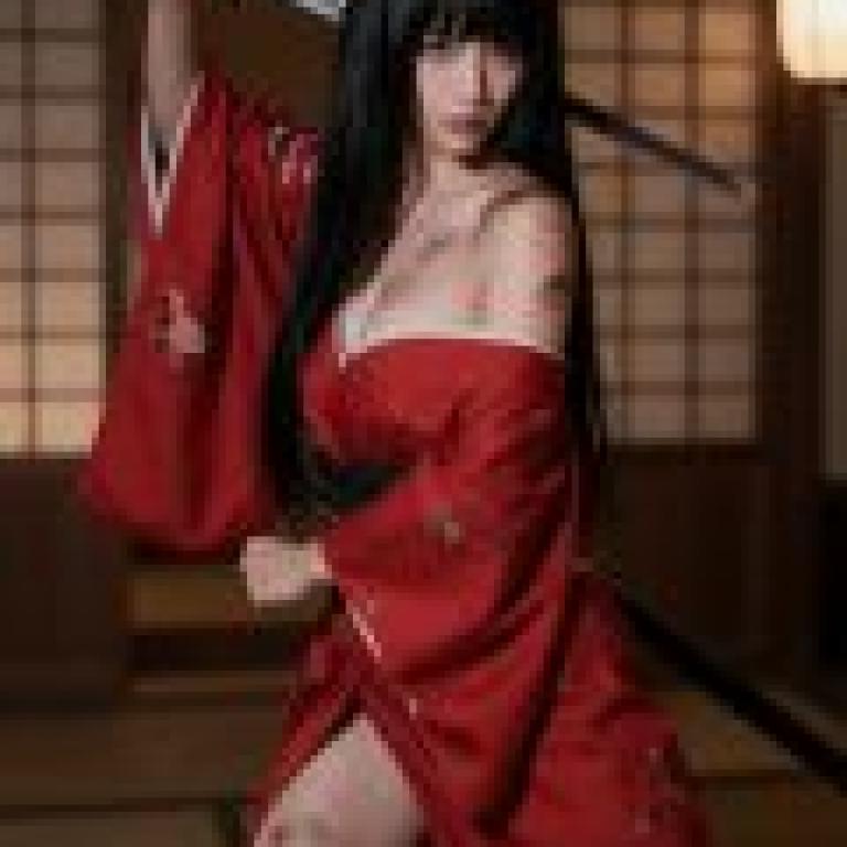 古代日本女刺客，身穿紅裙，手持一把利劍。